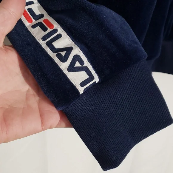 90's Style Fila Navy Blue Velour Velvet Zip-Up Hoodie Logo Down Arms Large - Picture 4 of 11